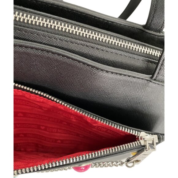 Love Moschino Multicolor Hearts Chain Vegan Black Leather Shoulder bag - Picture 6 of 13